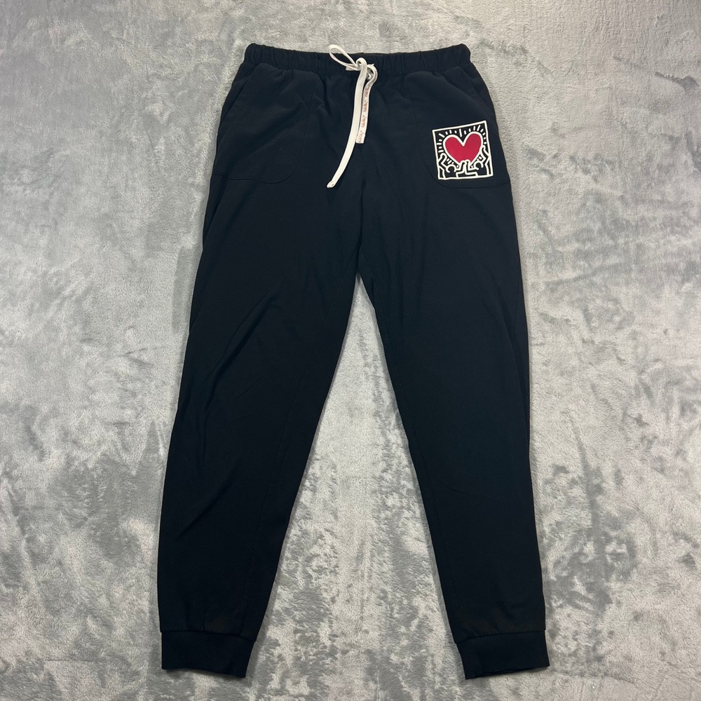 Keith Haring Heart Logo Jogger Pants Adult Small Black Graphic Sweatpants Artsy